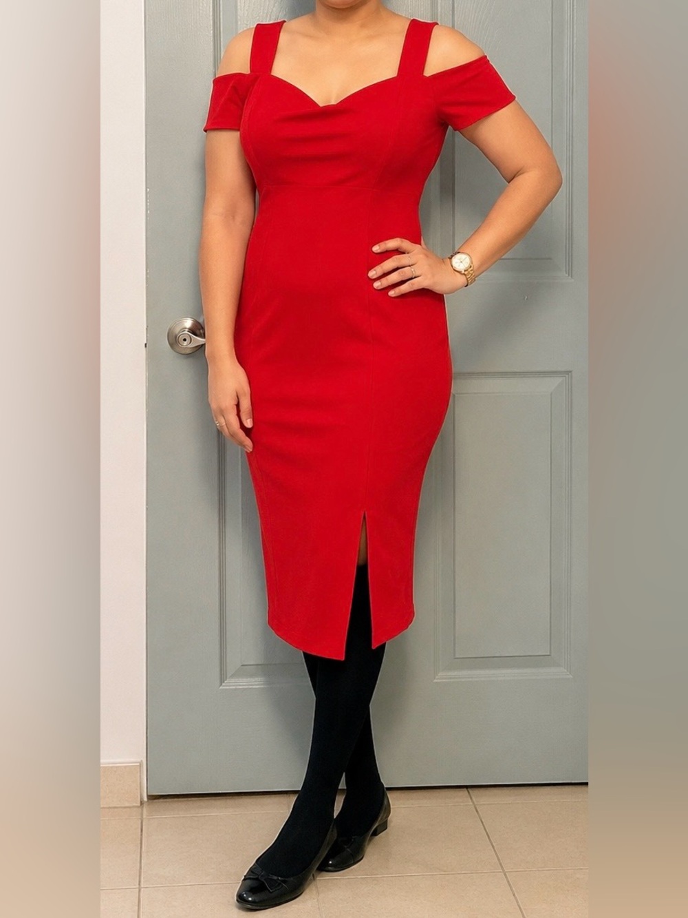 Bisou Bisou Michele Bohbot Red Cold Shoulder / Cut Out Sweetheart Neck Dress